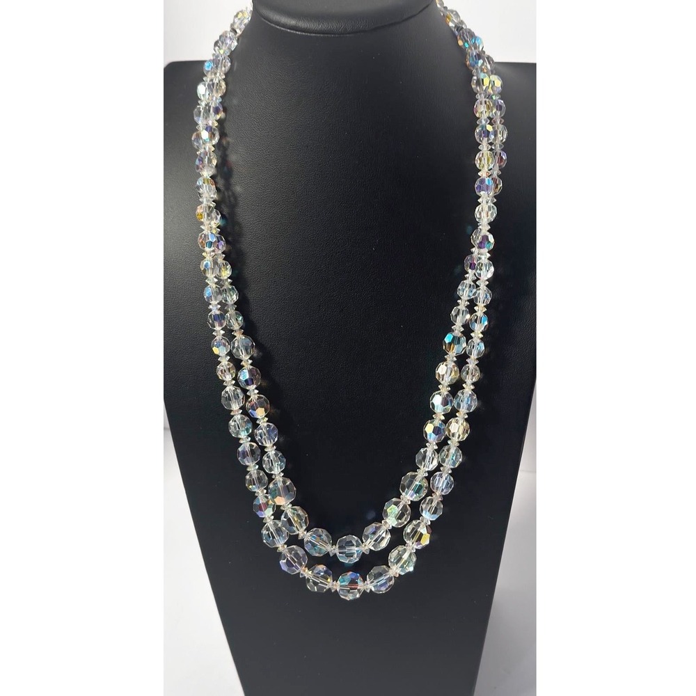 Vintage Aurora Borealis Crystal‎ Double Strand Necklace European Style Box Clasp